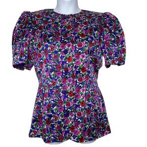 Vintage Nipon Boutique Silk Blouse Size 14 Floral Button Front Elegant